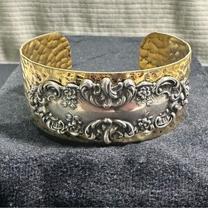 Vtg: Art Nouveau Brass & Silver Toned Ornate 1.5” wide Cuff Bracelet